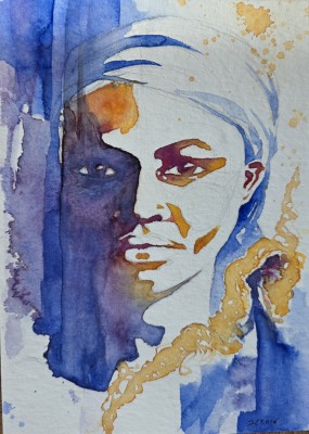 Abstrahiertes Aquarellportrait einer Frau in kontrastreichen und expressiven Farben